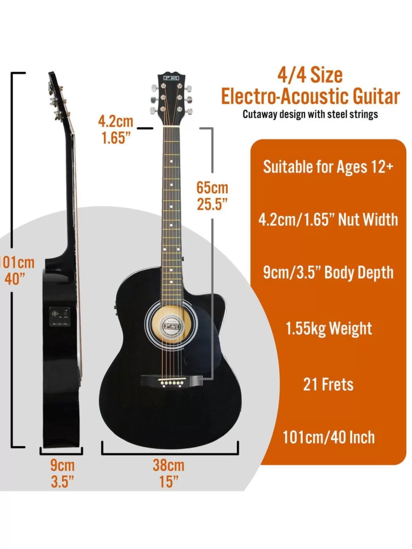 3rd Avenue Cutaway Electro Acoustic Guitar Pack – Black* 3Rd Avenue